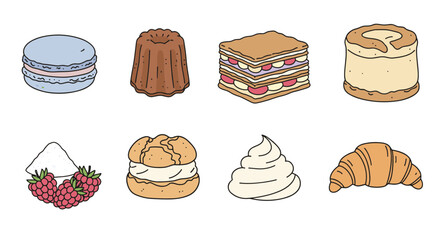 Delicious French pastry and dessert collection including macaron canele millefeuille cream puff croissant and whipped cream icons