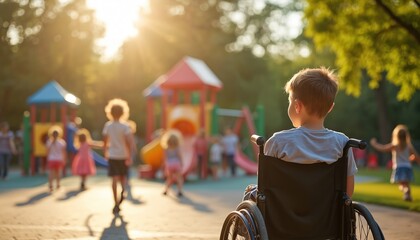Boy in wheelchair watches kids play on playground at park in sunlight. Child with disability looks at other children enjoy time outdoor. Concept inclusion and childhood.