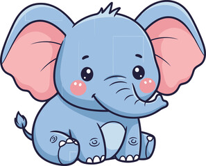 Fototapeta premium Cute baby elephant cartoon illustration with big ears, smiling face, soft pastel colors, kawaii style animal character for kids design