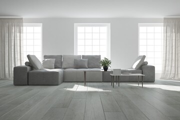 modern room with sofa with pillows, table with white frame, plant in black flowerpot and book interior design. 3D illustration