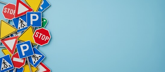 Pile of diverse colorful traffic signs covering the left side of a blue background, symbolizing road safety education and the process of learning road regulations