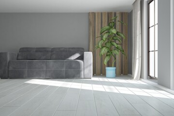modern room with sofa, wood panel on the wall, curtains and plant in blue flowerpot interior design. 3D illustration