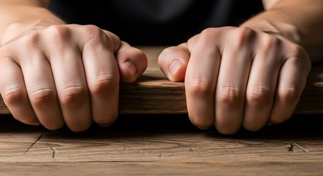 Close-up of a person's hands firmly gripping the edge of a rustic wooden table, representing intense stress, anxiety, or deep concentration.