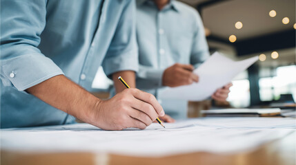 Male civil engineers or architects collaborating, analyzing blueprints, drafting designs, working on a construction project in office