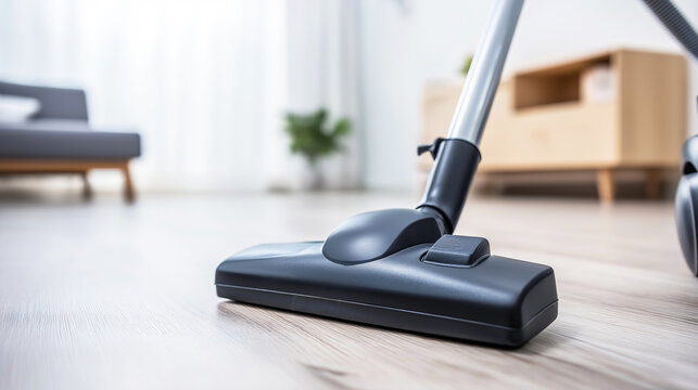 Vacuum cleaner nozzle on light wooden floor, presenting home cleaning, floor maintenance, and domestic hygiene