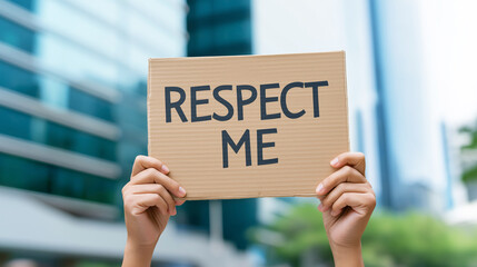 Hands holding cardboard sign demanding respect, advocating for human rights and equality in city environment