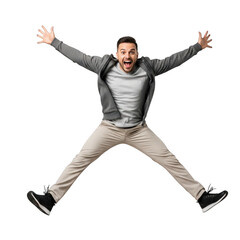 Excited man jumping isolated on transparent background