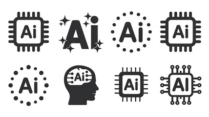 Collection of AI and artificial intelligence icons: microchips, stylized 'Ai' text, and a head silhouette with circuits