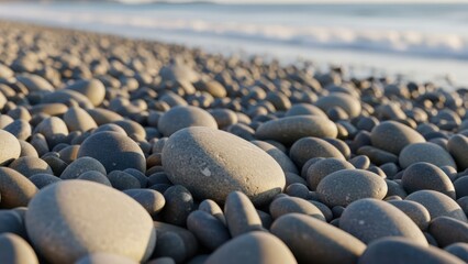 Obraz premium Close-up of smooth gray pebbles on a beach with ocean waves in the distance