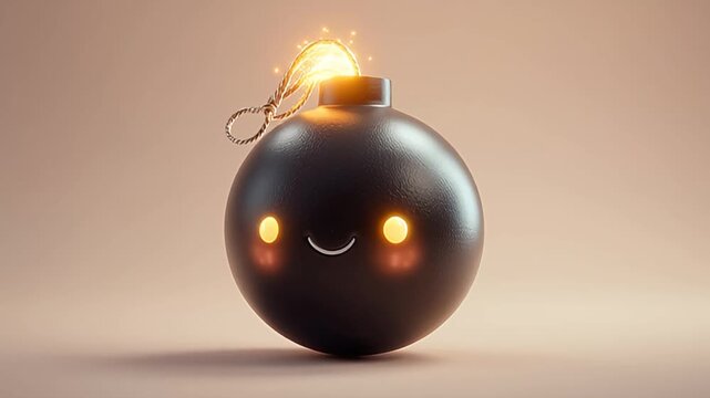 A smiling black bomb with glowing eyes and a lit fuse in a neutral background