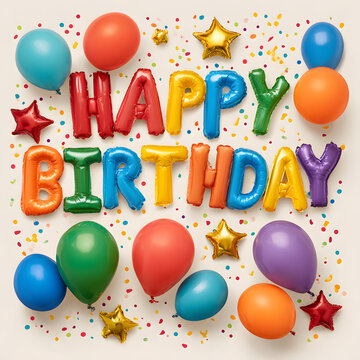 Vibrant colorful birthday themed image with balloons and confetti with happy birthday message in rainbow colors on white background for celebrations and parties
