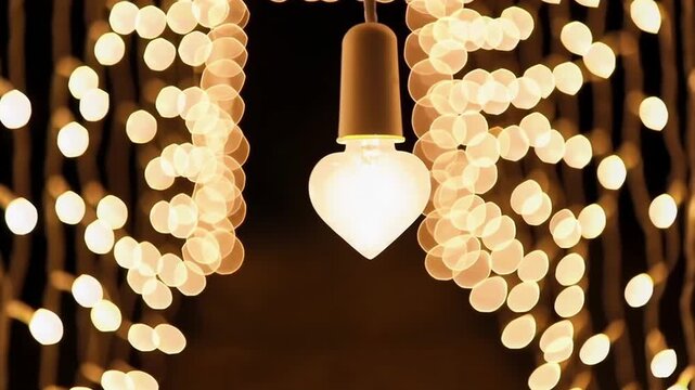 Warm festive bokeh from string lights with heart-shaped bulb in center, romantic holiday background, glowing golden illumination, copy space, soft focus