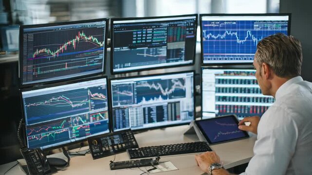 Focused interim CFO analyzes financial data on multiple screens demonstrating expert financial oversight and temporary stewardship during company transformation.