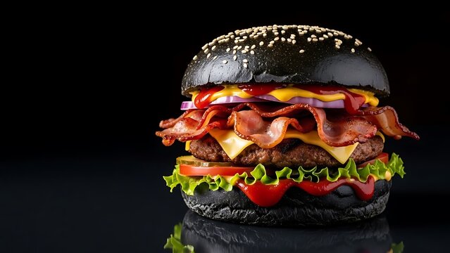 A close-up of a black burger with bacon and cheese on a dark background