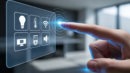 Index finger touching virtual control representing smart device operation