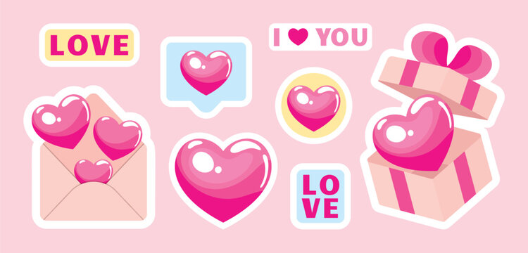 Valentine sticker set vector illustration with hand drawn love icons, hearts, gift box, and chat bubbles in pink. Cute romantic design for planner stickers, greeting cards, packaging.