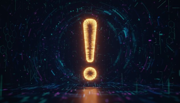 Glowing golden exclamation mark symbolizing a critical warning, alert, or important notification within a dark, abstract digital technology background with moving data streams and circuit elements