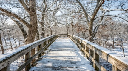 Obraz premium Wooden walkway traverses a winter forest landscape dusted with fresh snow