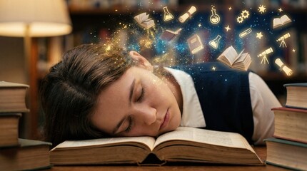 Education A young girl peacefully sleeping on a book, surrounded by dreams of knowledge.