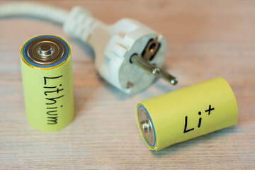 Lithium ion batteries with power cord as sustainable energy storage comparison concept
