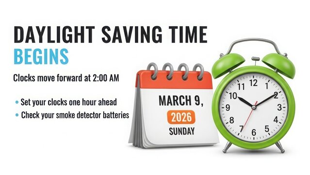 Daylight saving time begins: march 9, 2026, remember to set clocks forward one hour