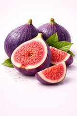 3D semi-realistic illustration of whole and halved figs, deep purple glossy skin, vibrant pink-red interior with fine seed texture, realistic juice droplets, rounded 3D depth
