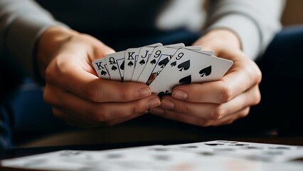 Closeup of hands holding playing cards.