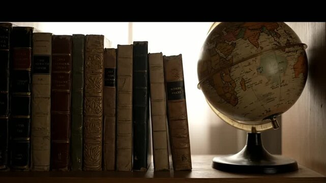 Vintage Books and Globe on Shelf.