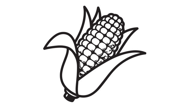 Illustration of a corn cob with husk and kernels in black line art for food themed imagery.