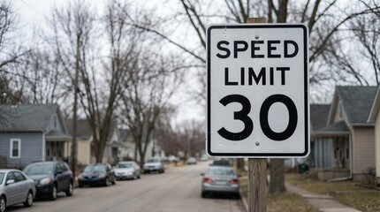 Fototapeta premium Speed limit sign indicating 30 miles per hour, prominently displayed on a wooden post, surrounded by residential houses and trees, conveying traffic regulations in urban settings