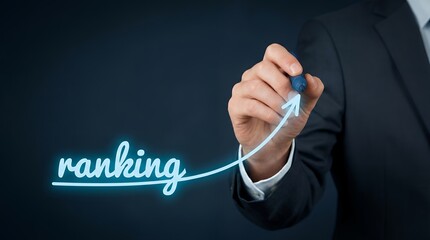 Businessman drawing upward trending arrow graph alongside the word ranking with a stylus symbolizing growth and success increase progress strategy performance analytics data finance
