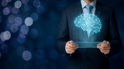 A businessman in a suit holds a tablet displaying a glowing digital brain composed of intricate circuit board patterns and lights symbolizing artificial intelligence and advanced technology