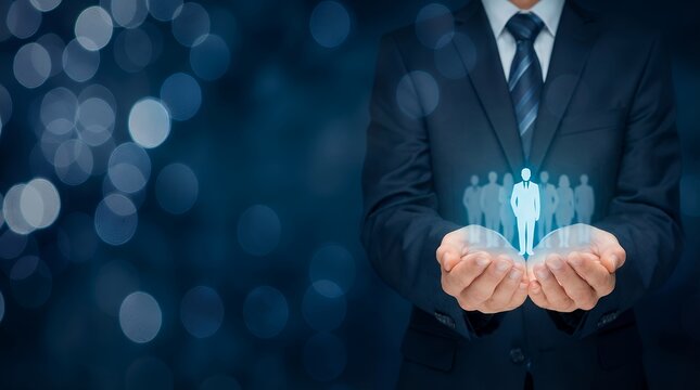 Businessman holding glowing silhouettes of people in his cupped hands against a dark blue bokeh background symbolizing leadership and team management concept success career corporate