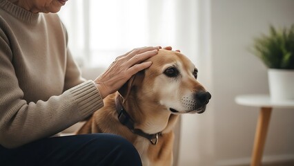 Close-up of a kind hand gently petting a beloved senior dog, emphasizing the bond between humans and animals