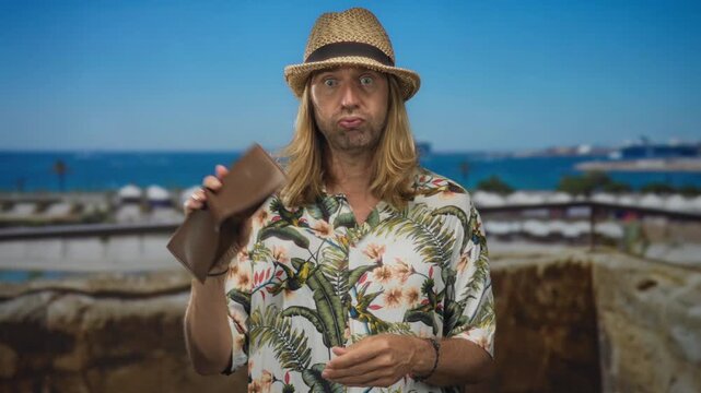 Man wearing straw hat with long hair opening an empty leather wallet with bare hands on a street; financial anxiety.
