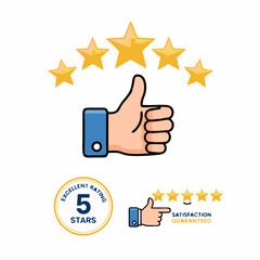 Five-star rating and satisfaction badge vector with thumbs-up gesture, gold stars, and guarantee labels, ideal for customer feedback, quality assurance, review platforms, and promotional design.