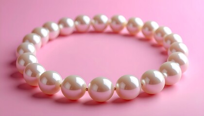 Obraz premium A surreal and absurdly beautiful single strand of white pearls lies on a pink background.