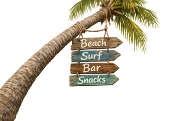 Palm tree with wooden directional signs indicating beach, surf, bar, and snacks, a concept of tropical vacation and tourism path