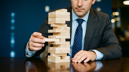A businessman in a suit carefully removes a wooden block from a tall unstable tower of blocks on a polished wooden table symbolizing risk and strategy decision success failure challenge