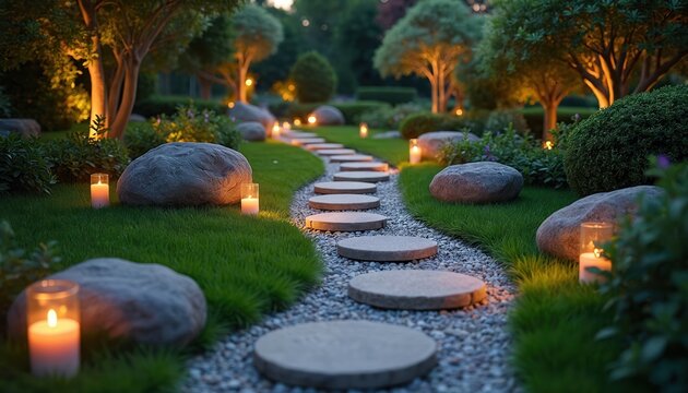 Stone pathway curves through a garden at dusk. Lit candles illuminate the path providing ambient warm light. Green grass and trees create a relaxing eco environment.