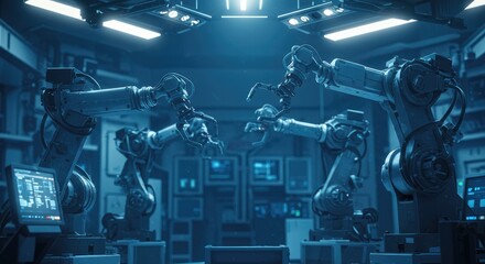 Robotic Arms in Futuristic Factory, Precision Automation, Blue Tones