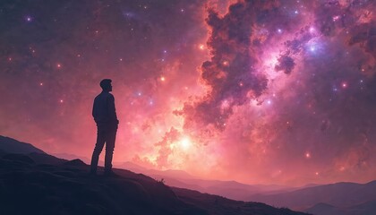 Fototapeta premium Silhouette man stands on hill looking at galaxy and stars. Fiery nebula fills sky above mountain range at twilight. Cosmic wonder and contemplation.