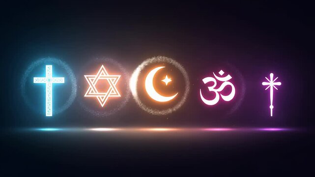 Glowing symbols of major world religions on a dark cosmic background with particles and copy space, interfaith harmony and spirituality concept, modern neon style