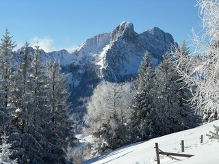 Chiemgau alps at Unterberg Alm, Ruhpolding covered in fresh powder snow