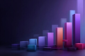 Data visualization shows different bar heights in purple and blue tones with a dark background and a sense of movement in graphs