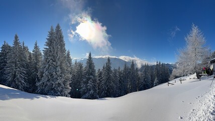 Chiemgau alps at Unterberg Alm, Ruhpolding covered in fresh powder snow