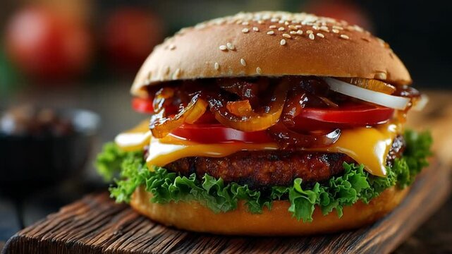 Close-up of a juicy cheeseburger with sesame bun, melted cheese, grilled onions, tomato and lettuce on a wooden board, fast food restaurant style with bokeh