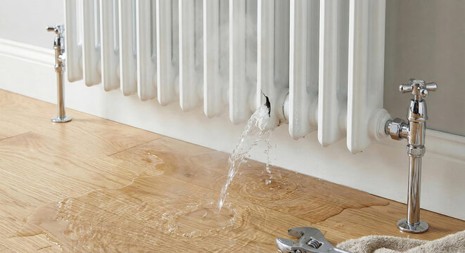 During a home renovation, water leaked from a radiator onto a wooden floor, with a wrench and towel lying nearby. Topics: maintenance, problems, heating, breakdown, splashes, repair, cold, temperature