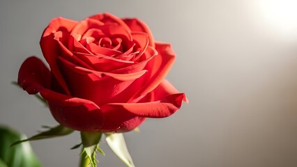 Fototapeta premium A single, vibrant red rose, bathed in soft sunlight, symbolizing love and beauty