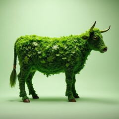 Obraz premium Green bull sculpture made of grass and leaves. This eco friendly animal art represents vegetarianism and organic food. A symbol of nature care and vegan lifestyle.